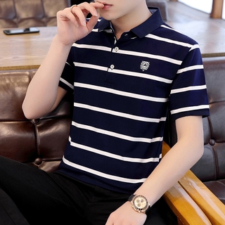 Polo shirt เสื้อโปโลแขนสั้นผู้ชายฤดูร้อนแขนสั้นผ้าฝ้ายบางลายทางธุรกิจเสื้อโปโลปก