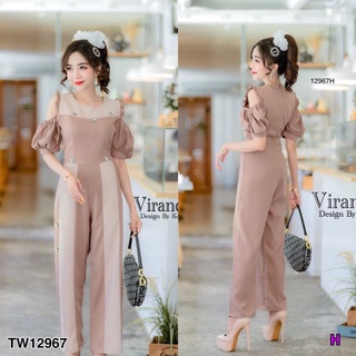 B12967 จั๊มสูทขายาว เปิดไหล่ ติดเลื่อมดอกเพชร Long-sleeved jumpsuit with open shoulders