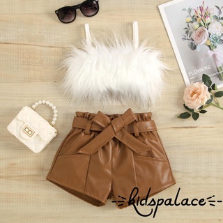 BbQ-2 Pcs Toddler Solid Color Outfits, Girls Cropped Fluffy Fur Camisole + Belted Leather Shorts