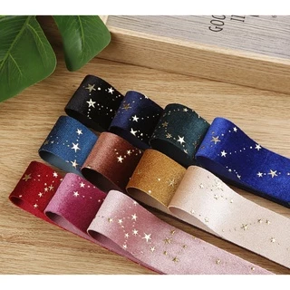 พร้อมส่ง ริบบิ้นผ้า ริบบิ้นผ้ากำมะหยี่ พิมพ์ลายดาวทอง ริบบิ้นผ้าเกาหลี(ขายเป็นหลา)