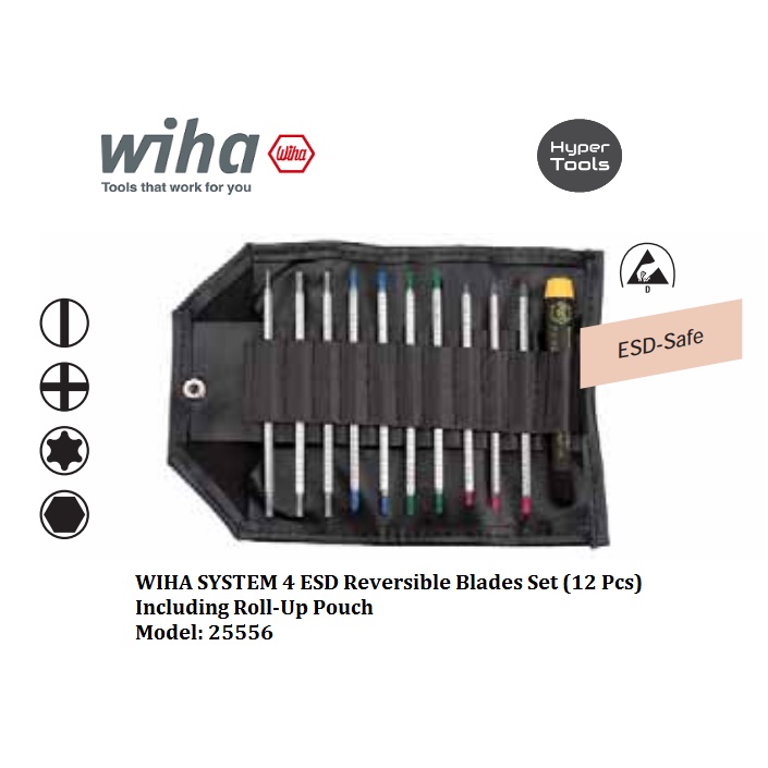 Wiha (เยอรมนี) SYSTEM 4 ESD ชุดใบมีดพลิกกลับได้ (12 ชิ้น) รวมกระเป๋าม้วน * * - รุ่น: 25556