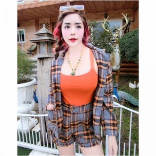 MM15169 Set 3 ชิ้น เสื้อสูทลายสก็อต + เสื้อครอปสายเดี่ยว +กางเกงขาสั้น Set of 3 pieces: plaid suit jacket + crop top +sh