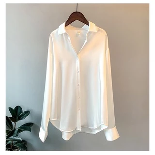 MM001 เสื้อเชิ้ตใส่ทำงาน เสื้้อเชิ๊ตสีดำ แขนยาวผ้าซาติน สไตล์เกาหลี ใส่ทำงาน สำหรับผู้หญิง