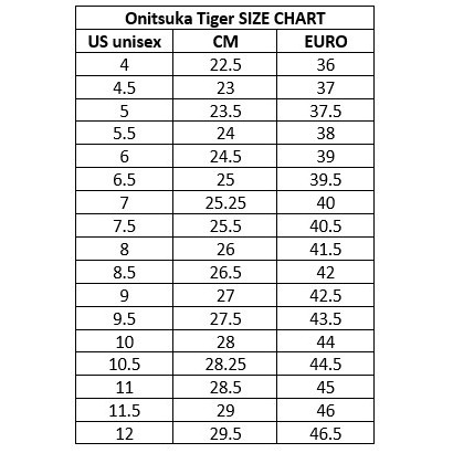 onitsuka tiger size chart