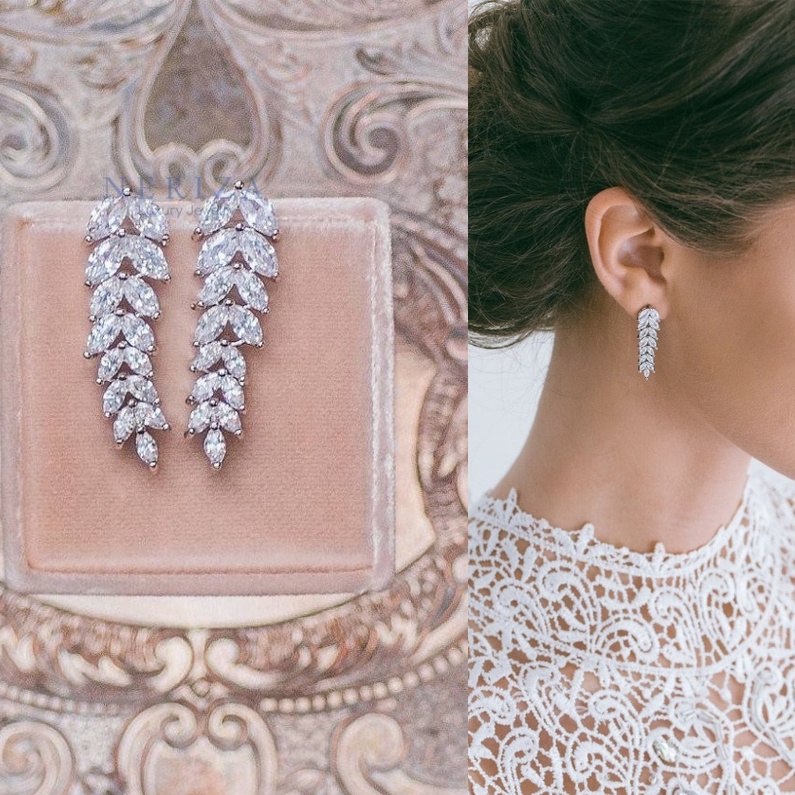 Neriza Jewelryต่างหูระย้าดีไซสใบไม้เพชรสังเคราะห์เกรดพรีเมี่ยมประกายเทียบเท่าเพชรแท้ พร้อมกล่องNE023