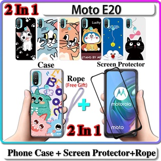 2 IN 1 เคส Motorola Moto E20 พร้อมกระจกนิรภัยกันรอยหน้าจอโค้ง เซรามิค ลายแมวและโดราเอมอน