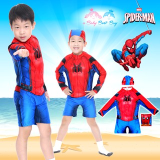 ชุดว่ายน้ำเด็กผู้ชาย Spiderman บอดี้สูทแขนยาวกางเกงขาสั้น มาพร้อมหมวกว่ายน้ำและถุงผ้า ลิขสิทธิ์แท้