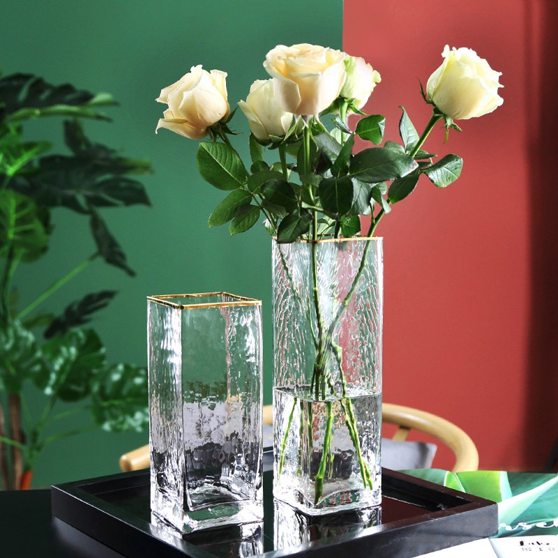 Vases & Vessels 192 บาท แจกันแก้วนอร์ดิกแสงหรูหราทาสีทองใสสแควร์ปากสร้างสรรค์พืชไฮโดรโปนิกดอกไม้แห้งแจกันตกแต่งห้องนั่งเล่น Home & Living