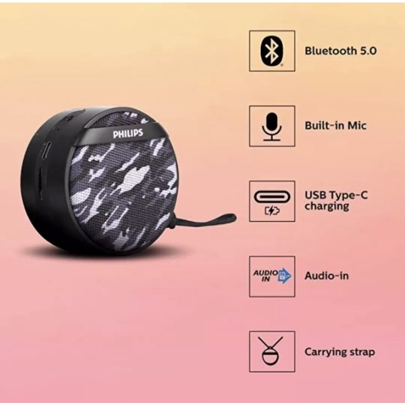 [พร้อมส่งไว] ลำโพงพกพา ไร้สาย Philips Bluetooth 5.0 Speaker USB type-C BT2003 มีไมโครโฟนในตัวสำหรับการโทร รับประกัน 2 ปี