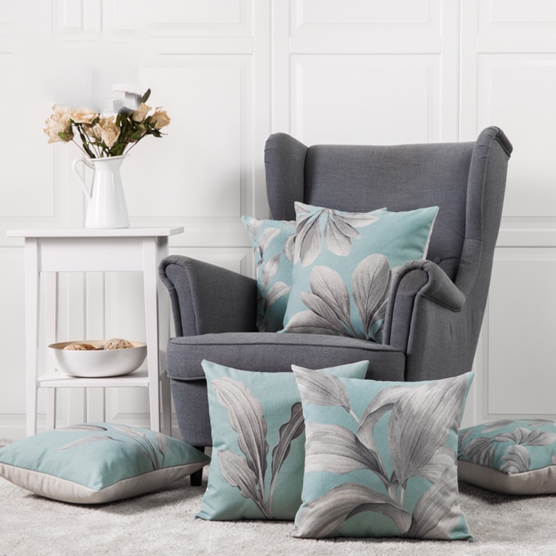 Wholesales Linen Pillow Cover Cushion Cover Vintage Light Blue Grey Leaves Home Decorative Pillow Ca