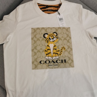 Coach เสื้อยืดแขนสั้น ผ้าฝ้าย ลายการ์ตูนเสือ สีขาว สําหรับผู้หญิง