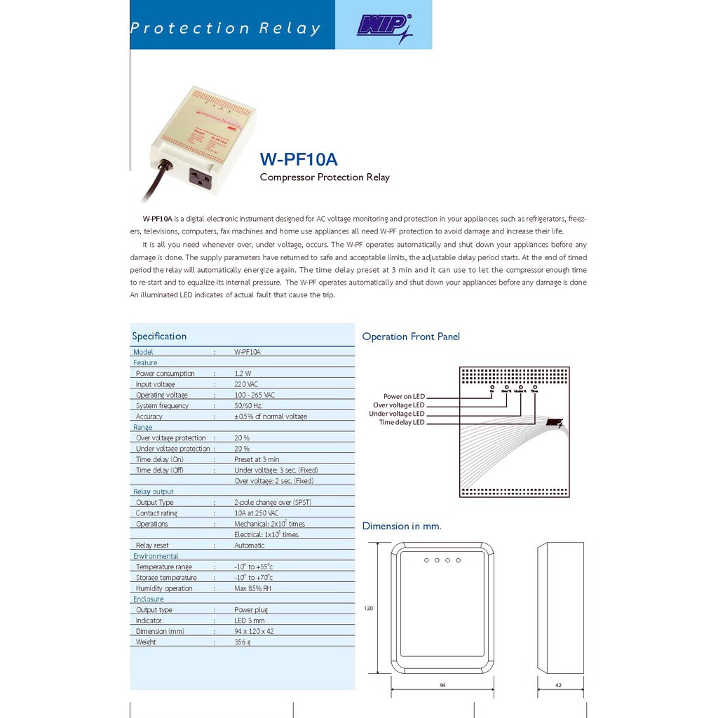 เครี่องป้องกันไฟกระชากไฟตก ป้องกันไฟตก ไฟเกิน COMPRESSOR PROTECTOR "WIP" W-PF10A 10A