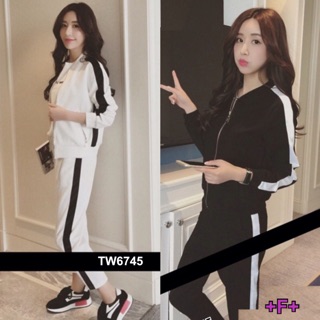 ชุดเซท2ชิ้น แจ็คเกตแขนยาวแต่งแถบแขนซิปหน้า+กางเกงแต่งแถบเข้าชุด