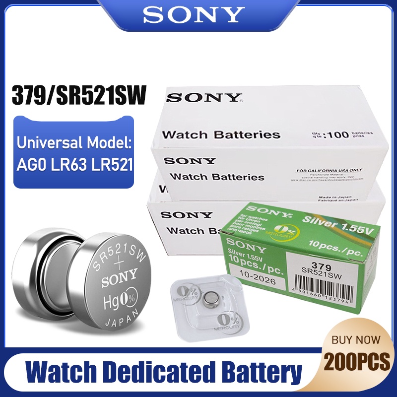 200PCS Original Sony 379 SR521SW AG0 D379 SR63 LR63 V379 1.55V Silver Oxide Battery For Watch Remote