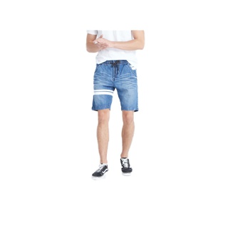 DAVIE JONES กางเกงขาสั้น ผู้ชาย เอวยางยืด สีฟ้า คาดหนัง Elasticated Shorts in blue SH0025NV