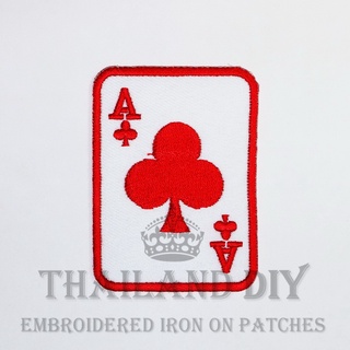 ตัวรีดติดเสื้อ ลายไพ่ หน้าไพ่ เอซ ดอกจิก แดง สัญลักษณ์ Ace of Clubs Poker card Patch งานปัก WOP DIY ตัวรีด อาร์มติดเสือ