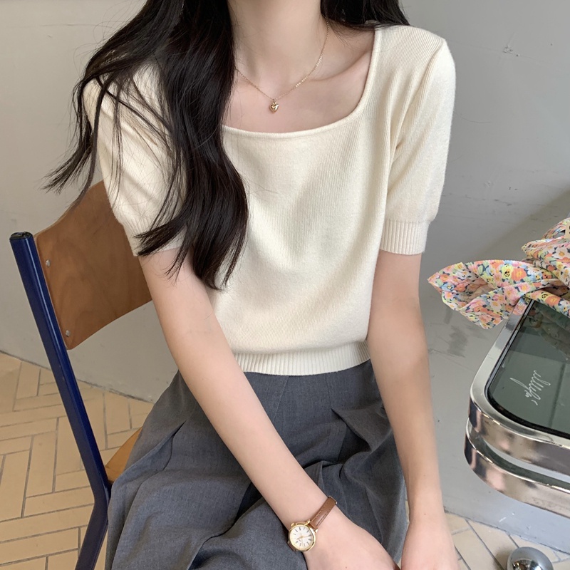 49070 เสื้อยืดแขนสั้น คอสี่เหลี่ยม สีพื้น สไตล์เกาหลี
