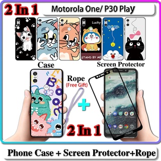 2 IN 1 เคส Motorola One P30 Play เคส พร้อมกระจกนิรภัยโค้ง เซรามิค ป้องกันหน้าจอ แมว และโดราเอมอน