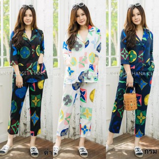 ชุดเซท2ชิ้น เสื้อสูท แขนสามส่วน มีกระดุมหน้า+กางเกง ขาเดฟ ยาว4ส่วน