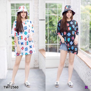 TW12560 เสื้อยืด #สาวอวบ ทรงโอเวอร์ไซส์ +หมวกบักเก็ต ลายแบรนด์