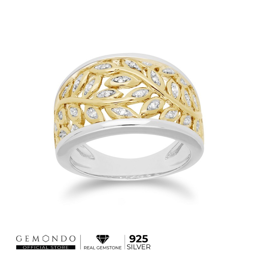 Gemondo แหวนเงินแท้ 925 ชุบทอง 18K ประดับเพชร (Diamond) ดีไซน์ทรงใบมะกอกเทศ  : แหวนทอง แหวนเพชร แหวนแถว ทองแท้ เพชรแท้