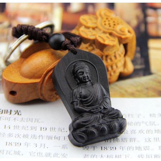 ❈Black Wood Carving Chinese Shakyamuni Amitabha Buddha Feng Shui Statue Key Chain