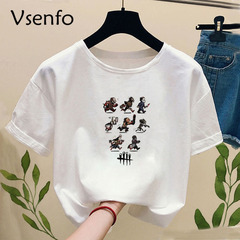 Game Dead By Daylight เสื้อยืดลําลองสําหรับสตรีแขนสั้นคอกลมสีขาวสไตล์ฮาราจุกุ