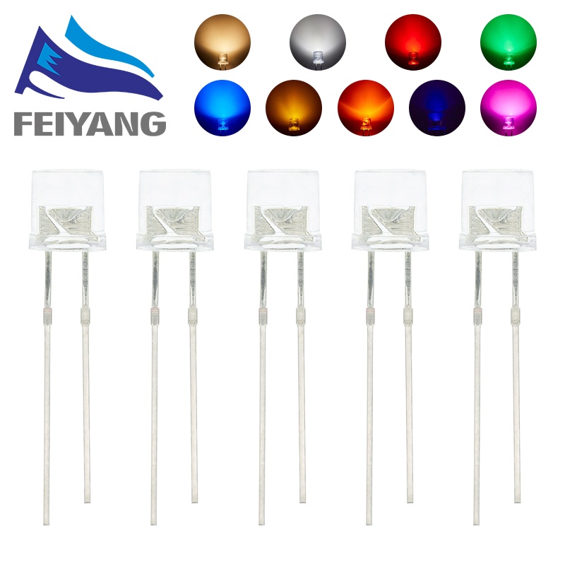 100 ชิ้น 5 มิลลิเมตร ไฟแอลอีดีแบนด้านบน สีขาว/แดง/ชมพู/เหลือง/ฟ้า มุมกว้าง สว่างพิเศษ ใช้กับโคมไฟไดโอด