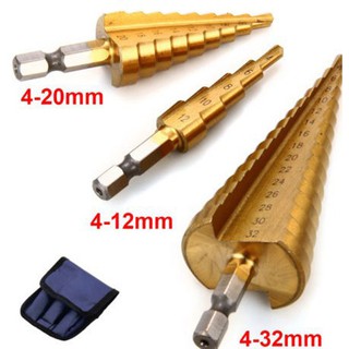 ST01 ดอกสว่านทรงเจดีย์ ดอกเจาะคว้านรู,Step Drill,ชุบไทเทเนียม ยกชุด 3 ดอก 5/9/15 Step แกนหกเหลี่ยม*