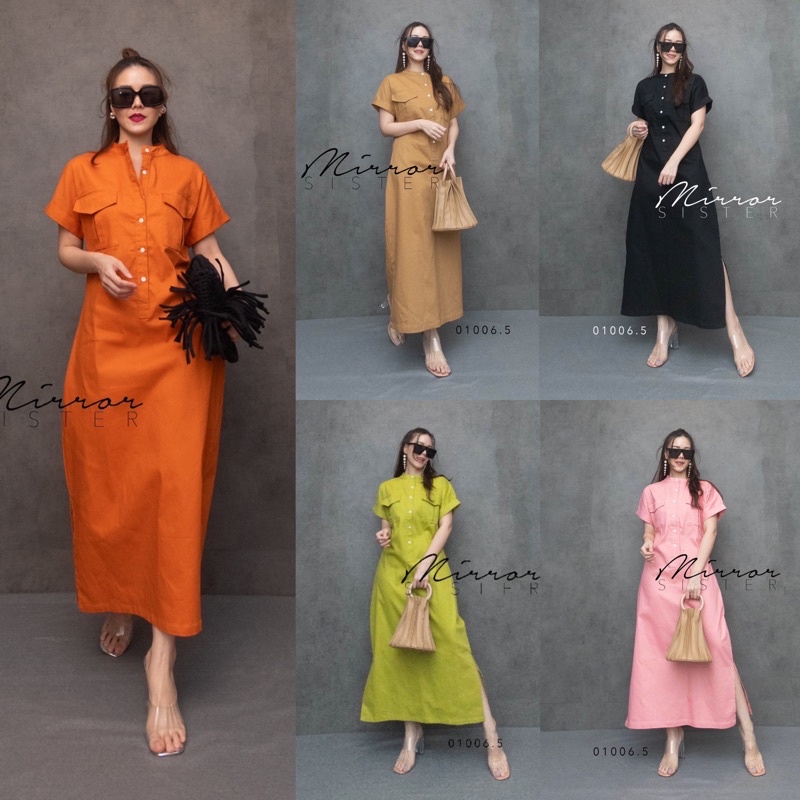 Mirrorsister #01006.5 เดรสคอวีกระเป๋าPocketคู่ เดรสคอจีน ชุดไปเที่ยว ชุดไปงาน