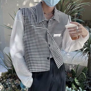 Houndstooth เสื้อโค้ทสั้น เสื้อกั๊ก ลายตารางหมากรุก แนวเรโทร สไตล์เกาหลี แฟชั่นฤดูใบไม้ผลิ ฤดูใบไม้ร่วง สําหรับผู้ชาย 2 สี