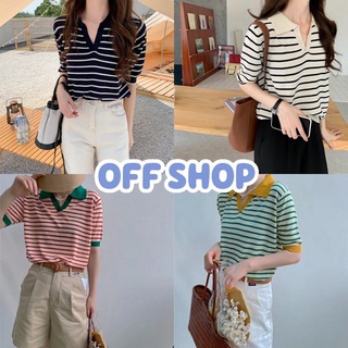 OFF SHOP พร้อมส่ง (OFF-81051)  เสื้อไหมพรม คอปก แขนสั้น ลายทางผ้านิ่มใส่สบายมาก