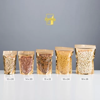 ถุงมีซิปหน้าใสหลังทอง มีซิปก้นตั้งได้ (50ใบ) Zipbag