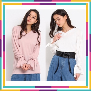 🍭Ozoc Textured Blouse เสื้อผ้าโพลีเอสเตอร์เนื้อยืด ผ้ามีลายในตัว ปลายแขนผูกโบ