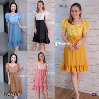 PE10891 Dress เดรสสั้นแขนตุ๊กตา ช่วงบนแต่งผ้าลายหัวใจเล็ก