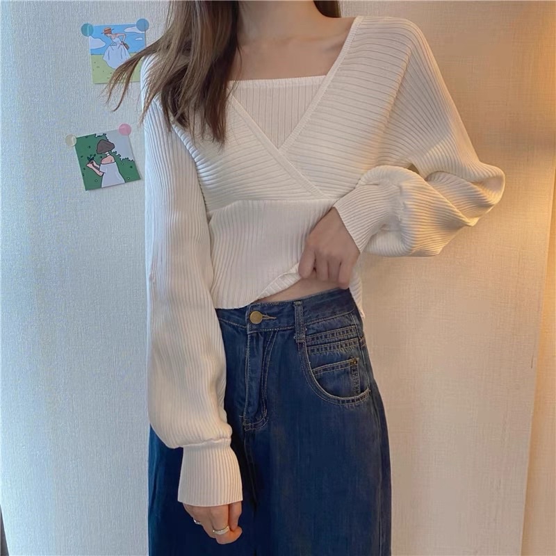 ส่งทันที Cici(NO. 868-1)เสื้อไหมพรมแขนยาว สายเดี่ยวด้านในเบาๆ เย็บติดกัน - รูปที่ 2