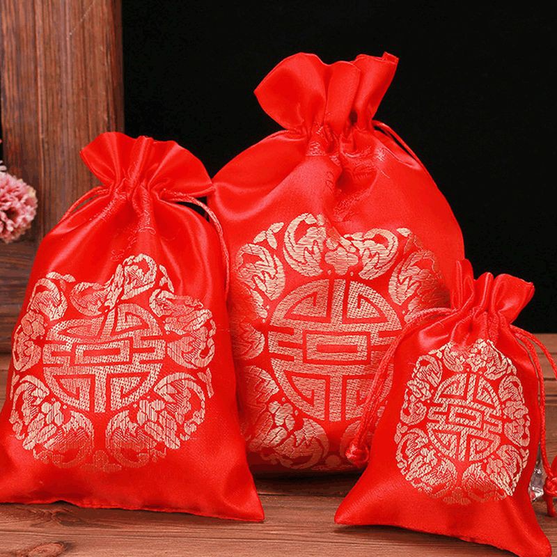 🔥พร้อมส่ง🔥 กระเป๋าผ้าหูรูด ลายอักษรจีนฮก ถุงใส่ส้ม ถุงใส่ของชำร่วย งานแต่ง(มีหลายขนาด) ลายสวยงาม
