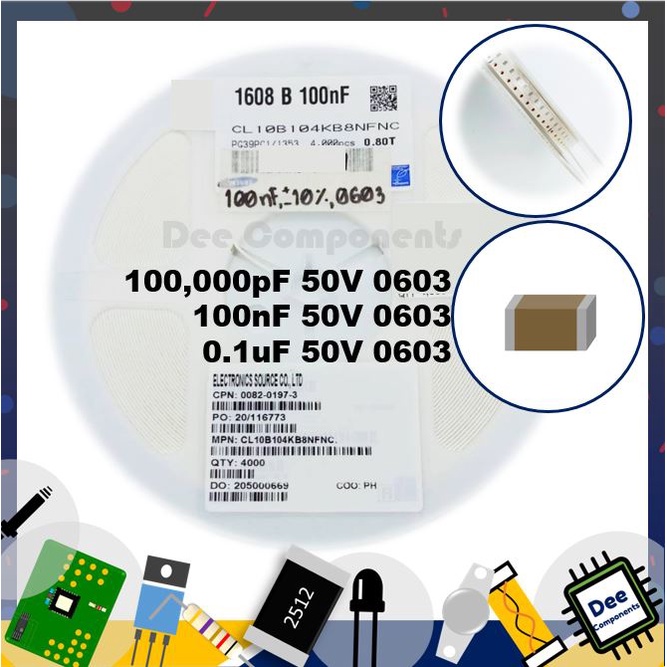 0.1uF 100nF 100,000pF 0603 ±10% 50V -55CTO+125C CL10B104KB8NFNC Samsung 2-A2-27 (1 แพ็ค มี 100 ชิ้น)