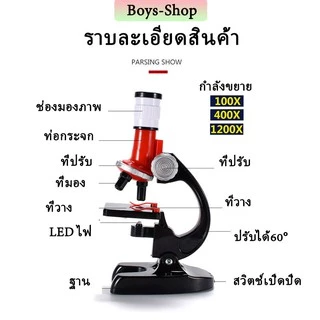 ⚡รุ่นใหม่⚡กล้องจุลทรรศน์ กำลังขยาย 100-1200X สำหรับเด็ก ใช้งานทางวิทยาศาสตร์ มีไฟ แถมอุปกรณ์ครบชุดตามรูป