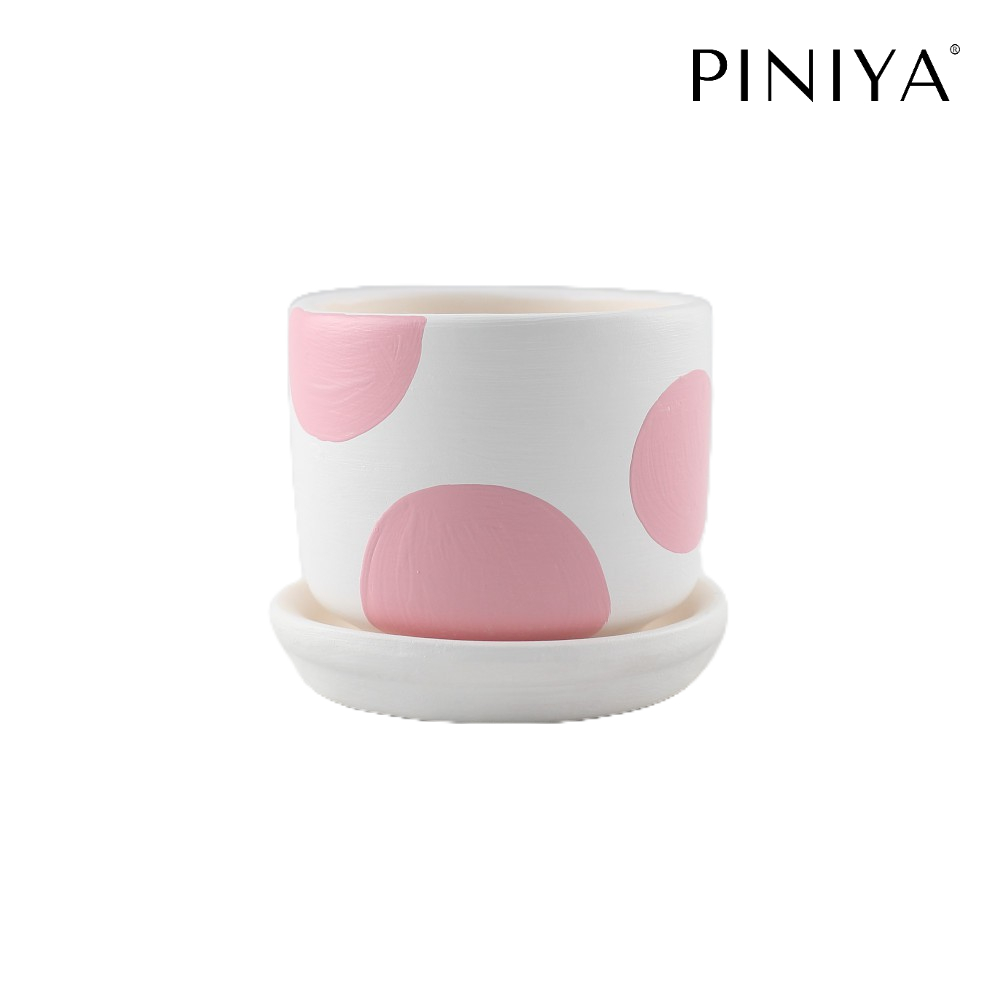 Piniya พินิยา - กระถางต้นไม้ ดินเผา รุ่น น่ารักเล็ก, 9ซม., ลายจุดสี, สี Light Pink (ชมพูอ่อน), พร้อมจานรอง