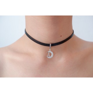 Choker สร้อยโชคเกอร์สายหนังสีดำ จี้รูปพระจันทร์หอไอเฟล