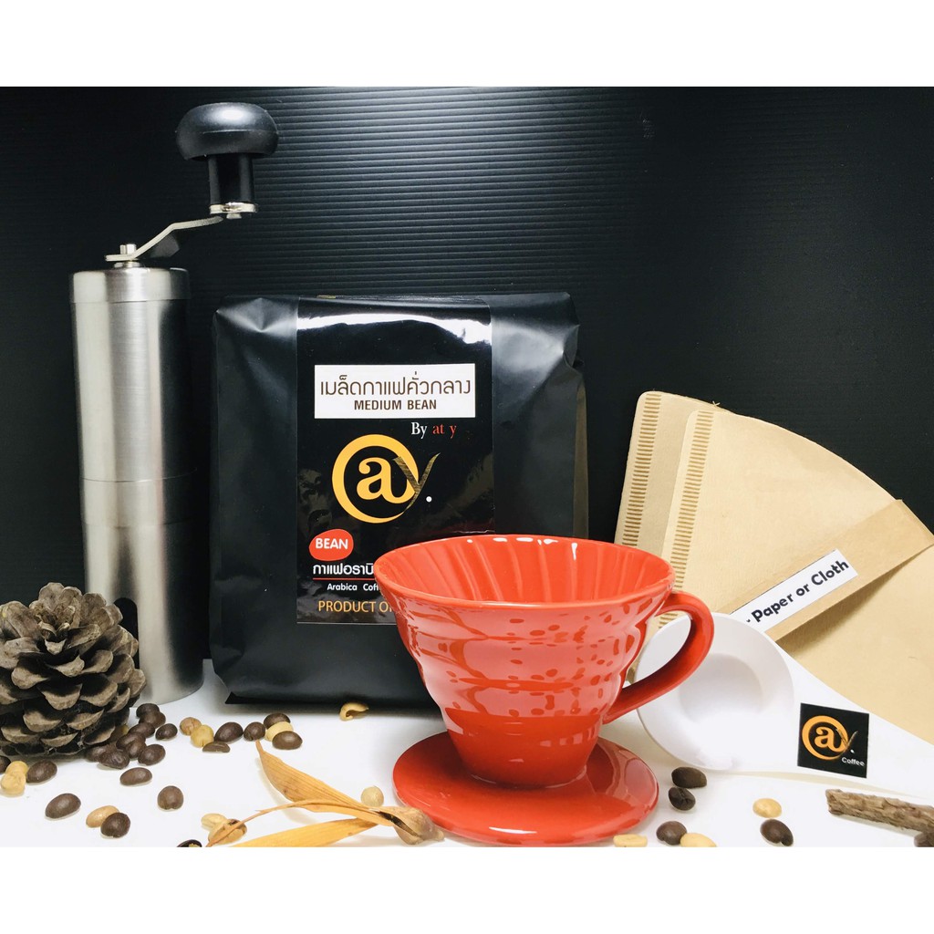 ชุดที่ a92 แก้วดริปเซรามิค สีแดง 1-2 ที่/ช้วนตวงกาแฟ/กระดาษกรอง/เครื่องบดกาแฟมือหมุน/@y Coffee เมล็ด