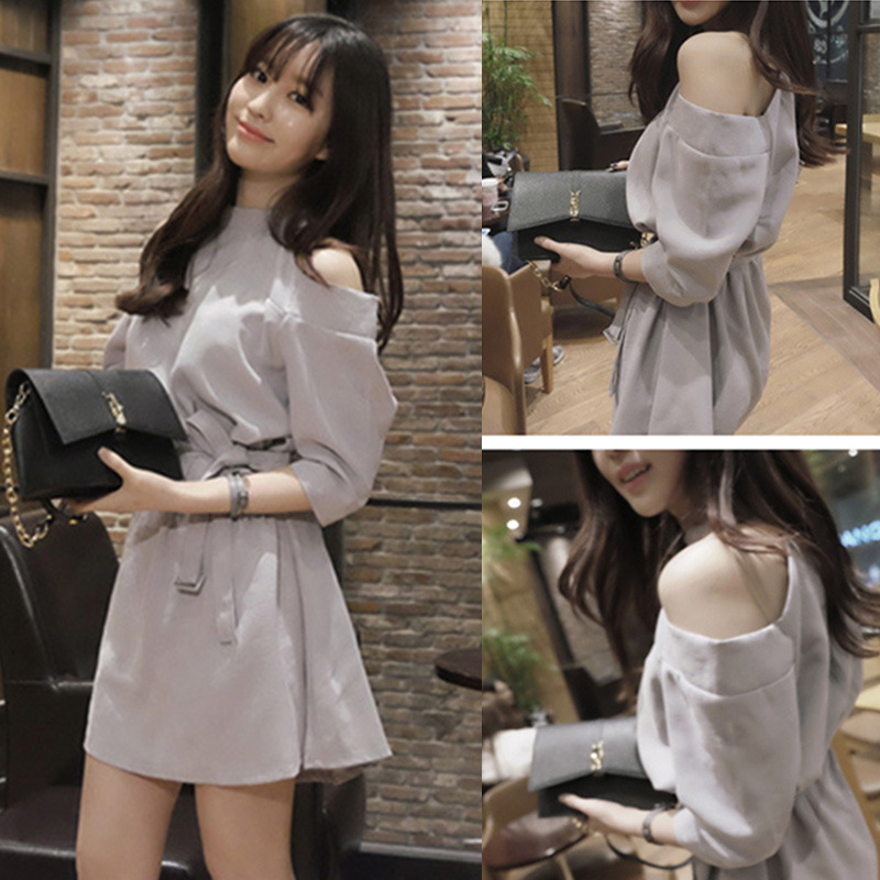 2021 summer new Korean sweet hollow off shoulder slim solid color 5 ...