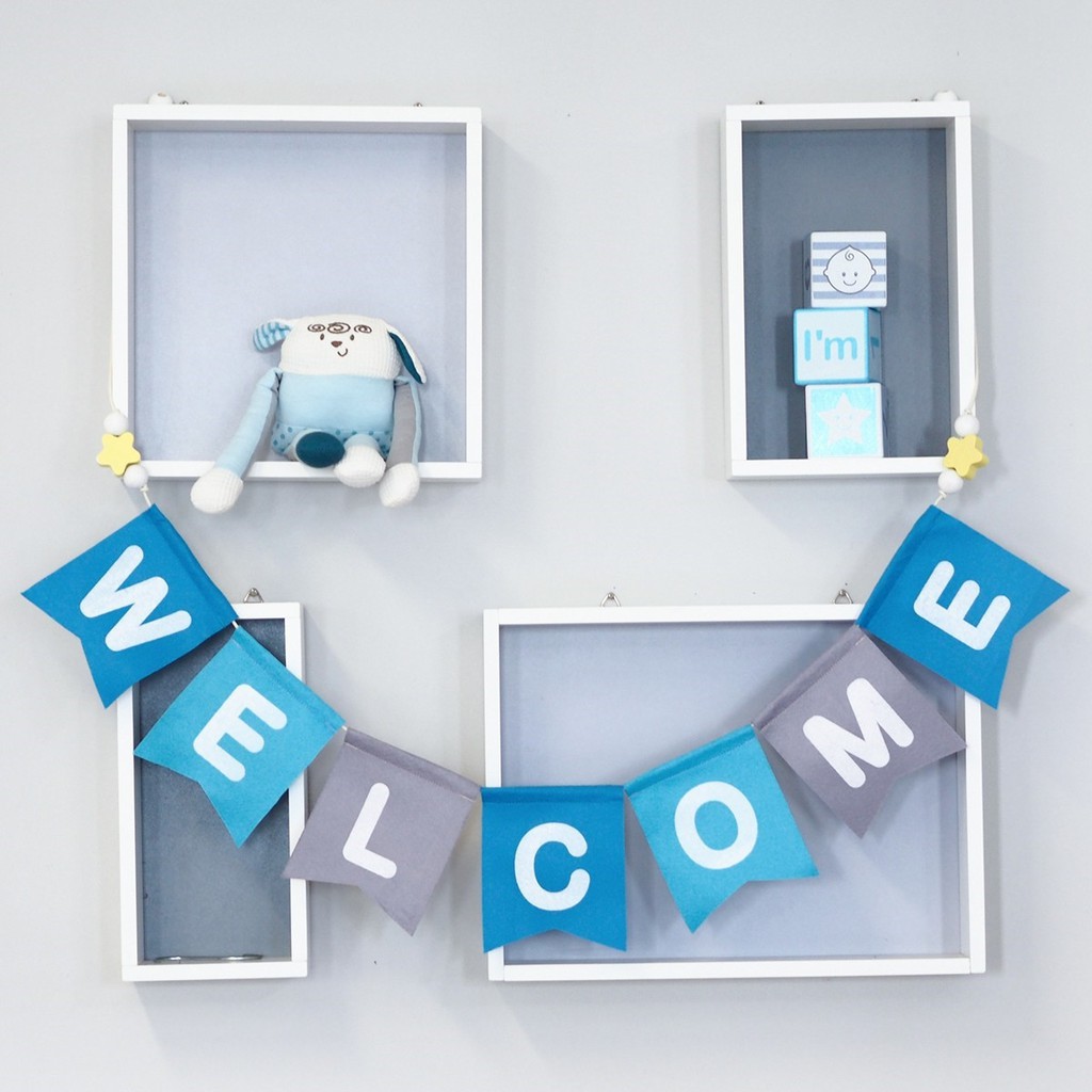 [พร้อมส่ง] ป้ายธงผ้า Welcome โทนสีฟ้า Handmade ประดับด้วยลูกปัดไม้ เชือกยืดได้ แข็งแรง ป้ายสำหรับงานเลี้ยง งานปาร์ตี้