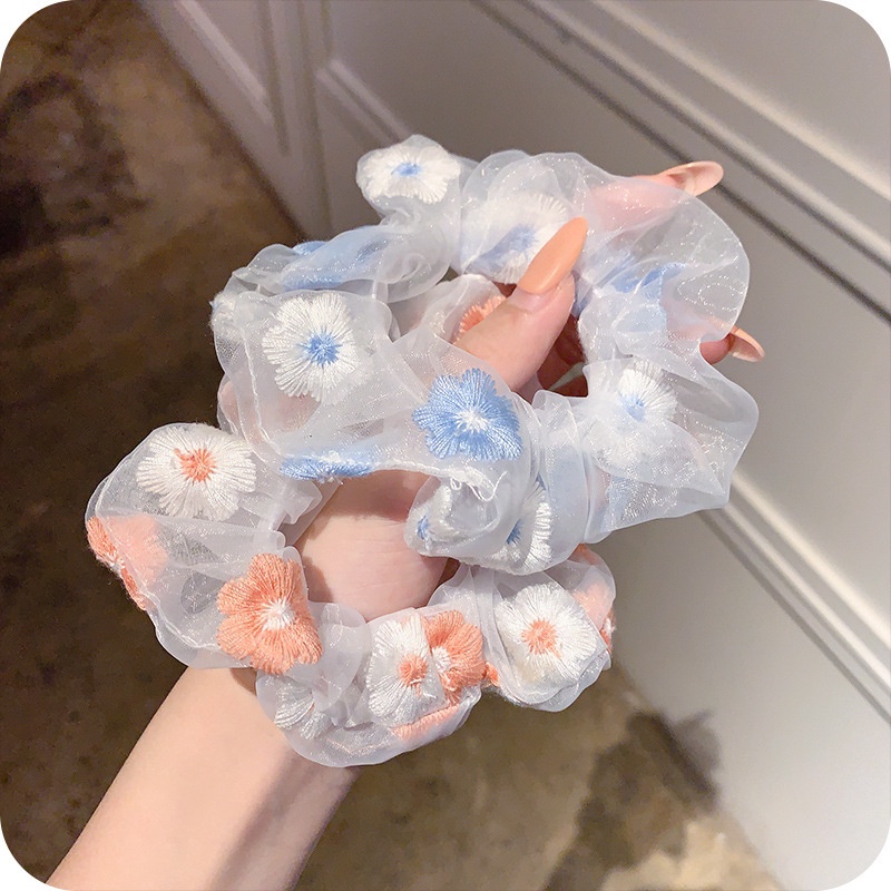 ยางรัดผม ขนาดใหญ่ ปักลําไส้ / ตาข่าย ขนาดใหญ่ วงแหวนลําไส้ใหญ่ ดอกไม้ / ยางยืด ลูกไม้ / ตาข่าย สครันชี่ สวมหัว ทูเล่ เครื่องประดับผม: สีฟ้า