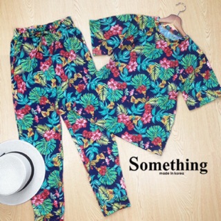 🌺✨New!! ชุดset เสื้อผ้ายืด + ชุดกางเกงขายาว ลายดอกชบา เอวยางยืด 💢ลายสินค้าตามรูปในไม้แขวนนะคะ