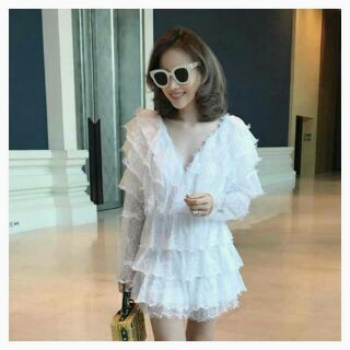 Jumpsuitงานคลาสสิคสีขาวงานวินเทจสุดๆ แต่งสไตล์ผ้าแบบLace Topผสมผ้าทอลายเส้นลูกไม้ทั้งตัว