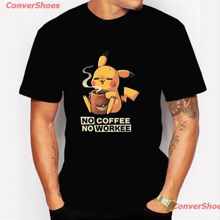 เสื้อยืดผู้ชายและผู้หญิง NO COFFEE NO WORKEE PIKACHU POKEMON T-shirt Casual Round Neck Short Mens Shirt Funny T-shirt A