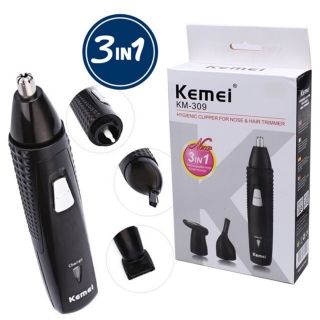 Kemei 3in1 เครื่องตัดขนจมูก โกนคิ้ว กันจอน เปลี่ยนหัวได้ ชาร์จไฟไร้สาย พกพาสะดวก รุ่น KM-309