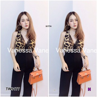 NP9177 Jumpsuit จั้มสูทแขนกุดขายาว ด้านบนแต่งลายเสืออกเสริมฟองน้ำ ช่วงกางเกงสีพื้น ผ้าบลูเวฟเนื้อยืด เอวมีสายผูกโบว์เก็บ